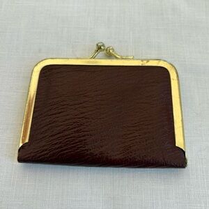 Vintage Genuine Leather Dark Reddish Brown Mini Wallet Coin Purse w Gold Metal